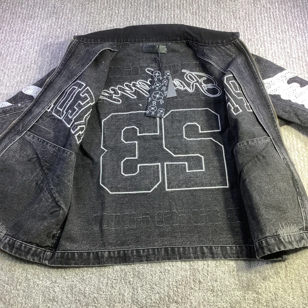 Red‎ Poppy Mens Black Wash Embellished Graphic Denim Jacket Size M NWT